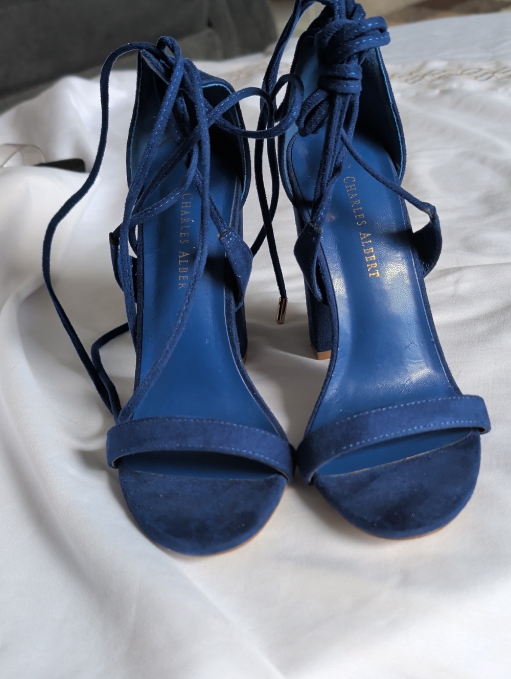 Charles Albert Navy Blue Suede Lace-Up Heeled Sandals